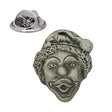 Clown face pewter lapel pin badge with rounded nose, curly hair, jester hat and butterfly clasp