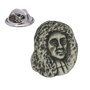 King Charles II pewter lapel pin badge with long curled wig and butterfly clasp