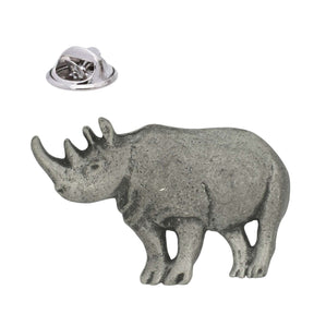 Rhinoceros pewter lapel pin badge in side profile with two horns and butterfly clasp