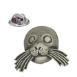Sea lion face pewter lapel pin badge with long whiskers and butterfly clasp