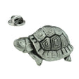 Tortoise pewter lapel pin badge showing patterned shell, head and legs with metal butterfly clasp