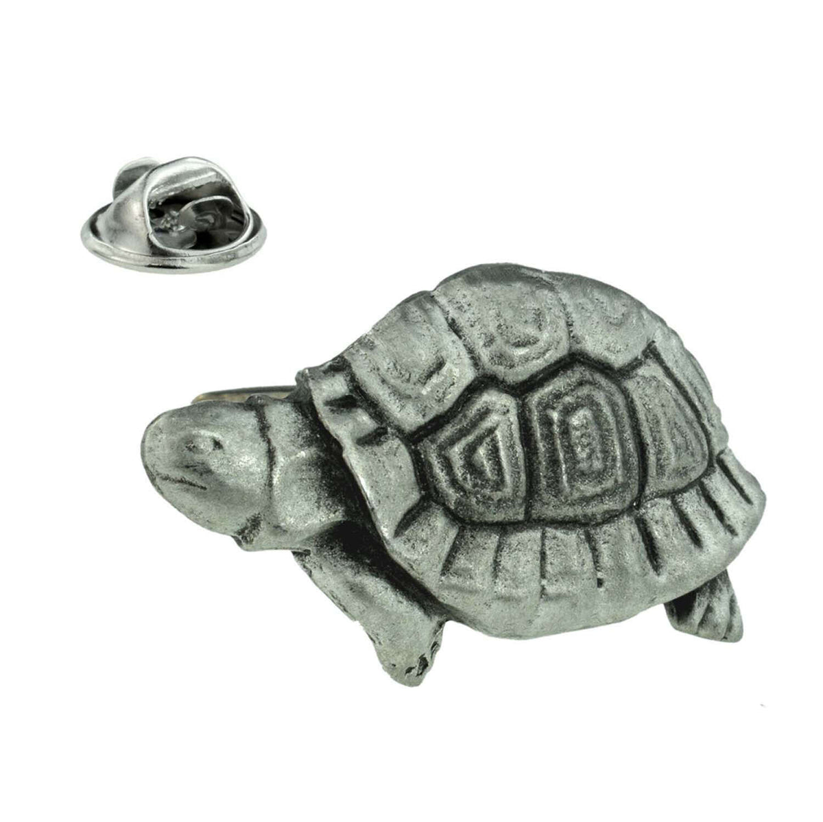 Tortoise pewter lapel pin badge showing patterned shell, head and legs with metal butterfly clasp