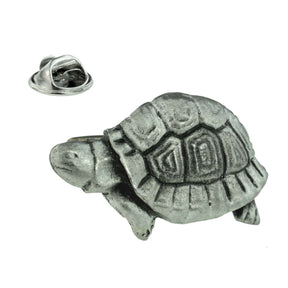 Tortoise pewter lapel pin badge showing patterned shell, head and legs with metal butterfly clasp