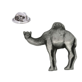 Single-humped camel pewter lapel pin badge with antique silver finish and butterfly clasp