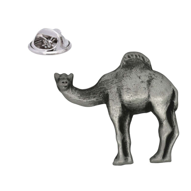 Single-humped camel pewter lapel pin badge with antique silver finish and butterfly clasp