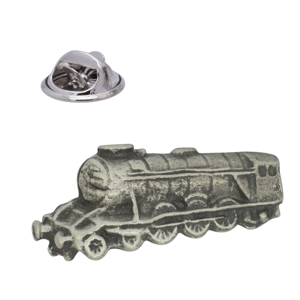 Flying Scotsman steam locomotive pewter lapel pin with antique silver finish and butterfly clasp