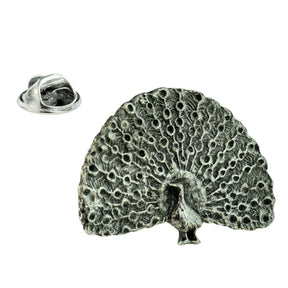Peacock pewter lapel pin badge with magnificent fully spread patterned tail and metal butterfly clasp