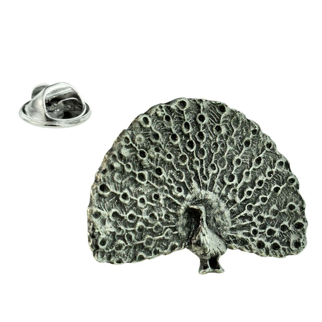 Peacock pewter lapel pin badge with magnificent fully spread patterned tail and metal butterfly clasp