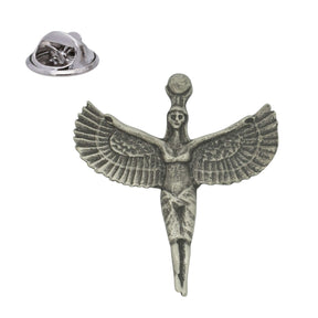 Ancient Egyptian goddess Isis pewter lapel pin with outstretched feathered wings and butterfly clasp
