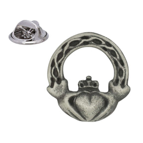 Claddagh pewter lapel pin badge with crowned heart held by two hands and decorative arch, butterfly clasp