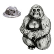 Seated gorilla pewter lapel pin badge with textured fur and metal butterfly clasp