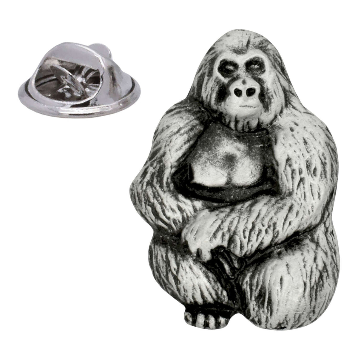 Seated gorilla pewter lapel pin badge with textured fur and metal butterfly clasp