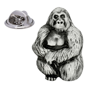 Seated gorilla pewter lapel pin badge with textured fur and metal butterfly clasp