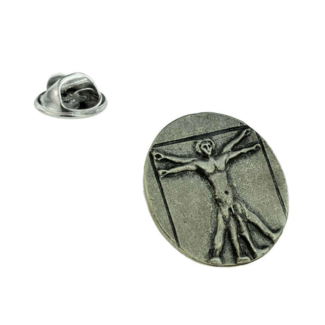Vitruvian Man pewter lapel pin badge inspired by Leonardo da Vinci, circular design with butterfly clasp