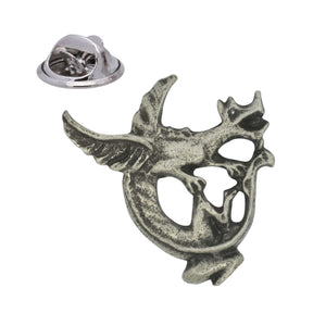 Mythical griffin pewter lapel pin badge with spread wing, curved tail and butterfly clasp