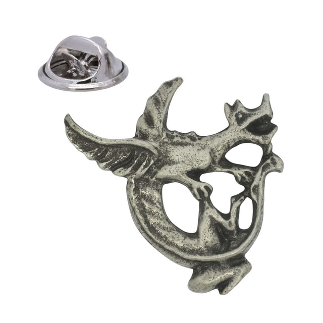 Mythical griffin pewter lapel pin badge with spread wing, curved tail and butterfly clasp