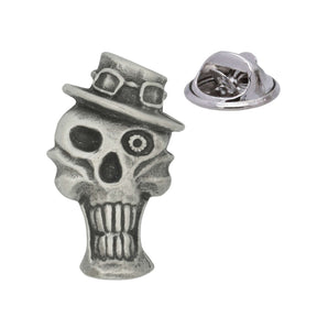 Pewter skull top hat lapel pin badge with butterfly clasp