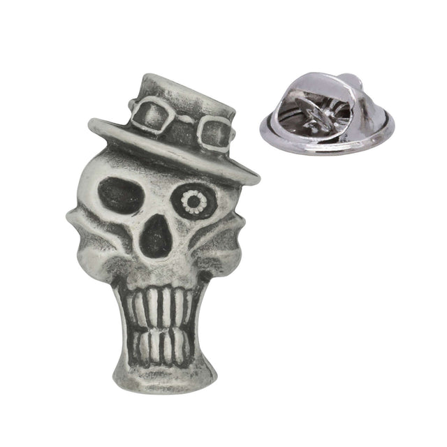 Pewter skull top hat lapel pin badge with butterfly clasp