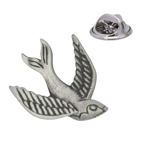Antique pewter flying swallow bird lapel pin badge with butterfly clasp