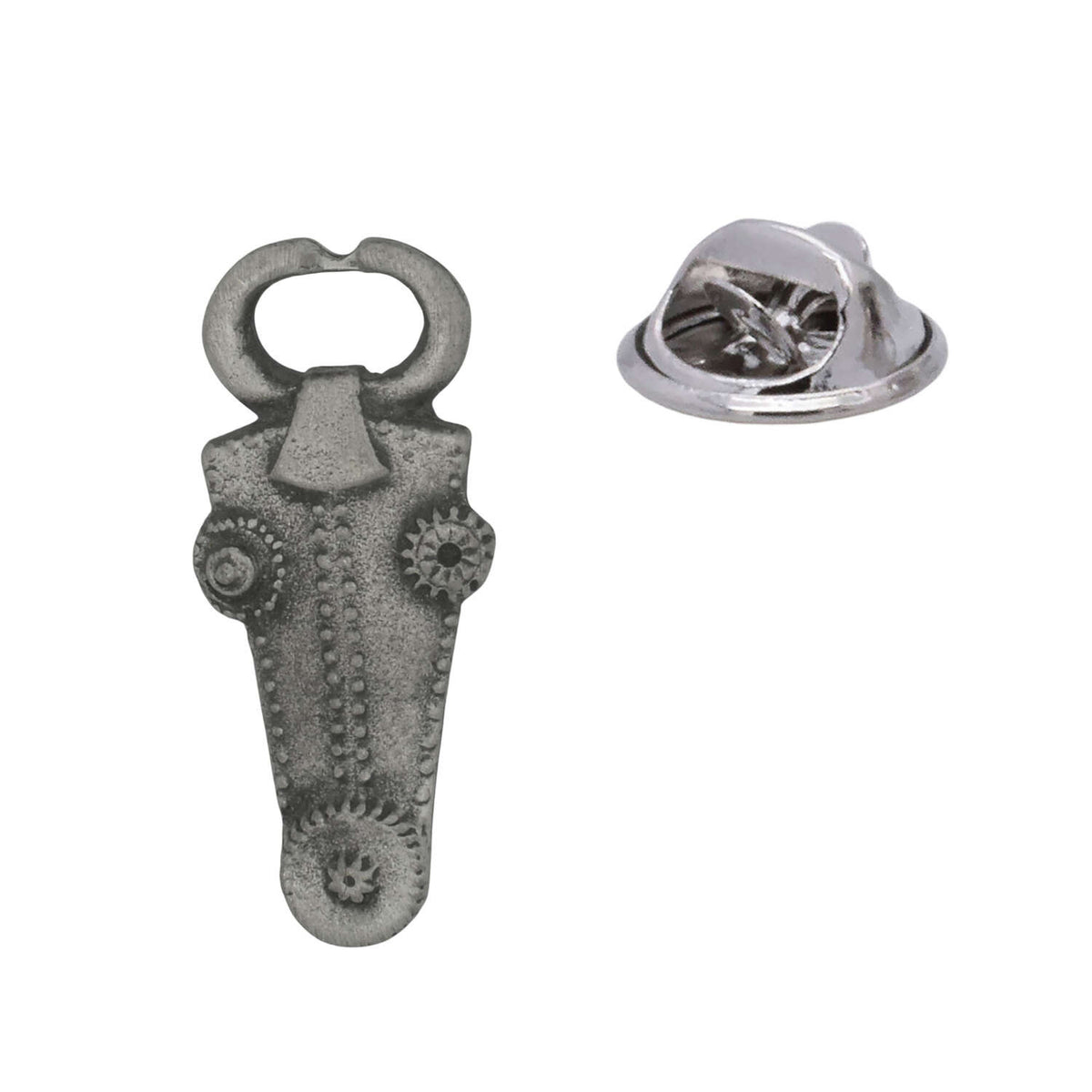 Steampunk cow head pewter lapel pin with gears and butterfly clasp
