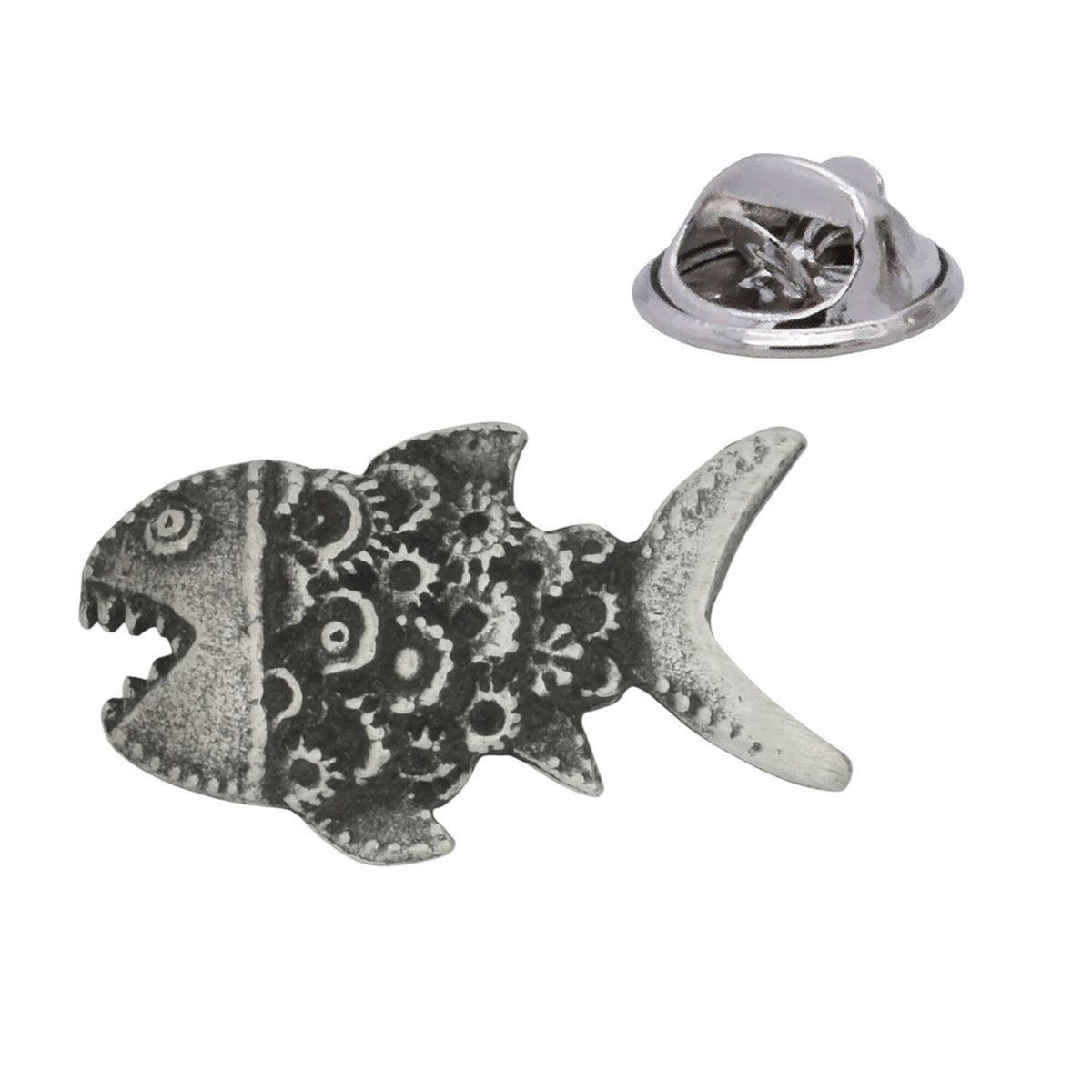 Antique pewter steampunk cog fish lapel pin with gear design and butterfly clasp