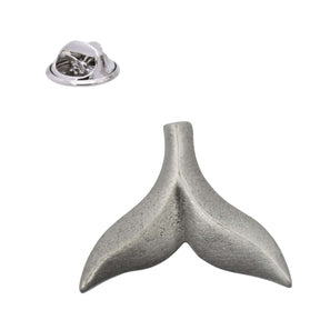 Whale tail pewter lapel pin badge with silver butterfly clasp, front and fastening shown