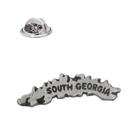 South Georgia outline pewter lapel pin badge with raised South Georgia lettering and butterfly clasp