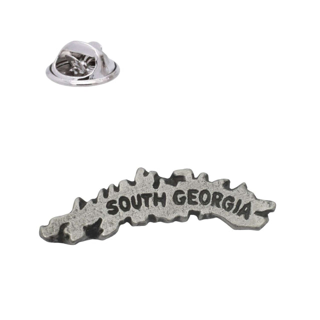 South Georgia outline pewter lapel pin badge with raised South Georgia lettering and butterfly clasp
