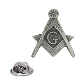 Masonic square and compasses G pewter lapel badge with antique silver finish and butterfly clasp