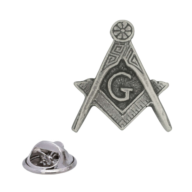 Masonic square and compasses G pewter lapel badge with antique silver finish and butterfly clasp