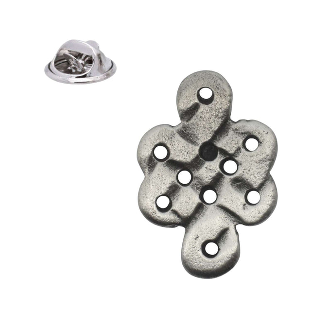 Celtic cross pewter lapel pin badge with pierced openwork design, antique silver finish and butterfly clasp