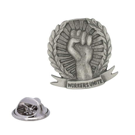 Workers Unite raised fist and laurel wreath pewter lapel pin badge with butterfly clasp