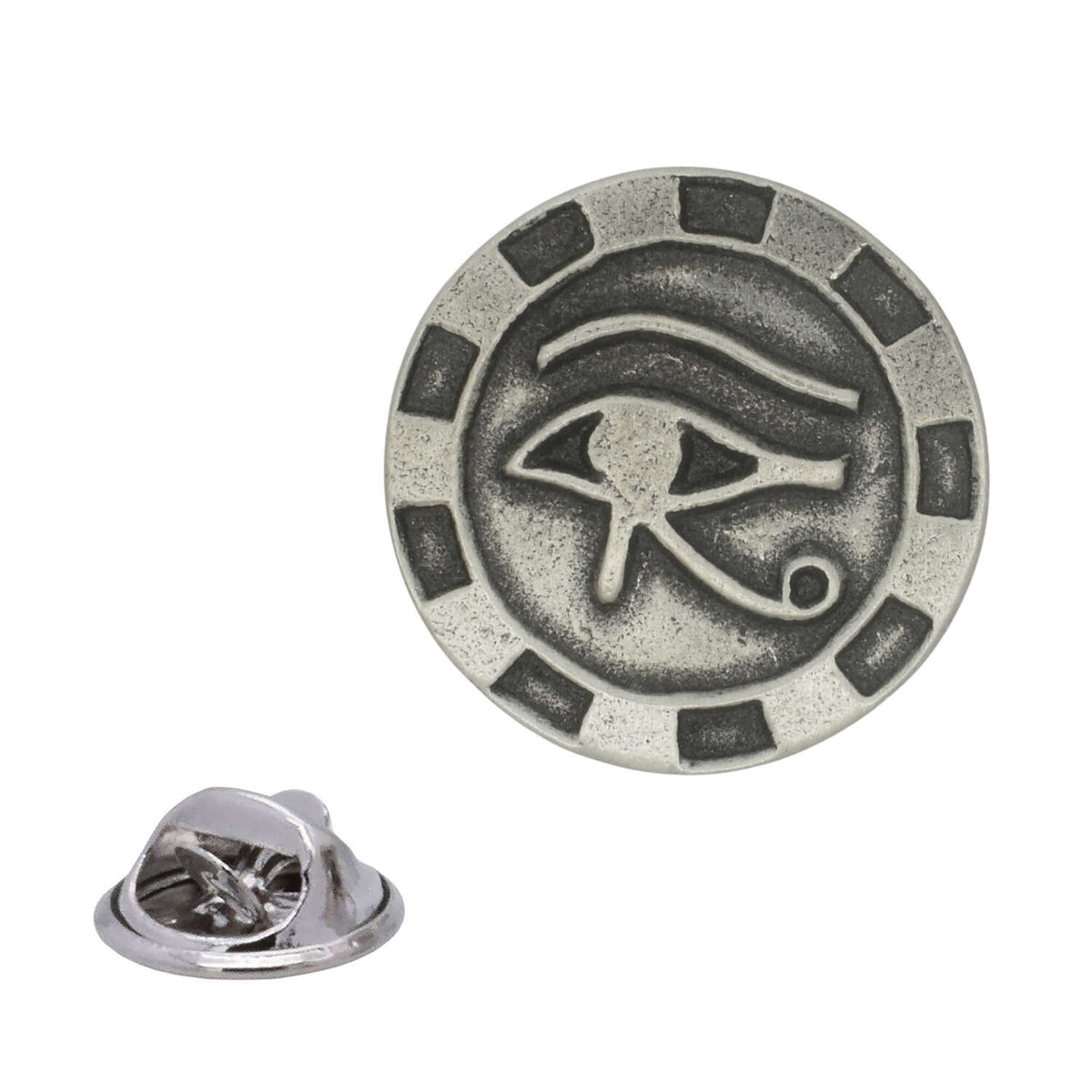 Eye of Horus circular Egyptian symbol antique silver pewter lapel pin with butterfly clasp