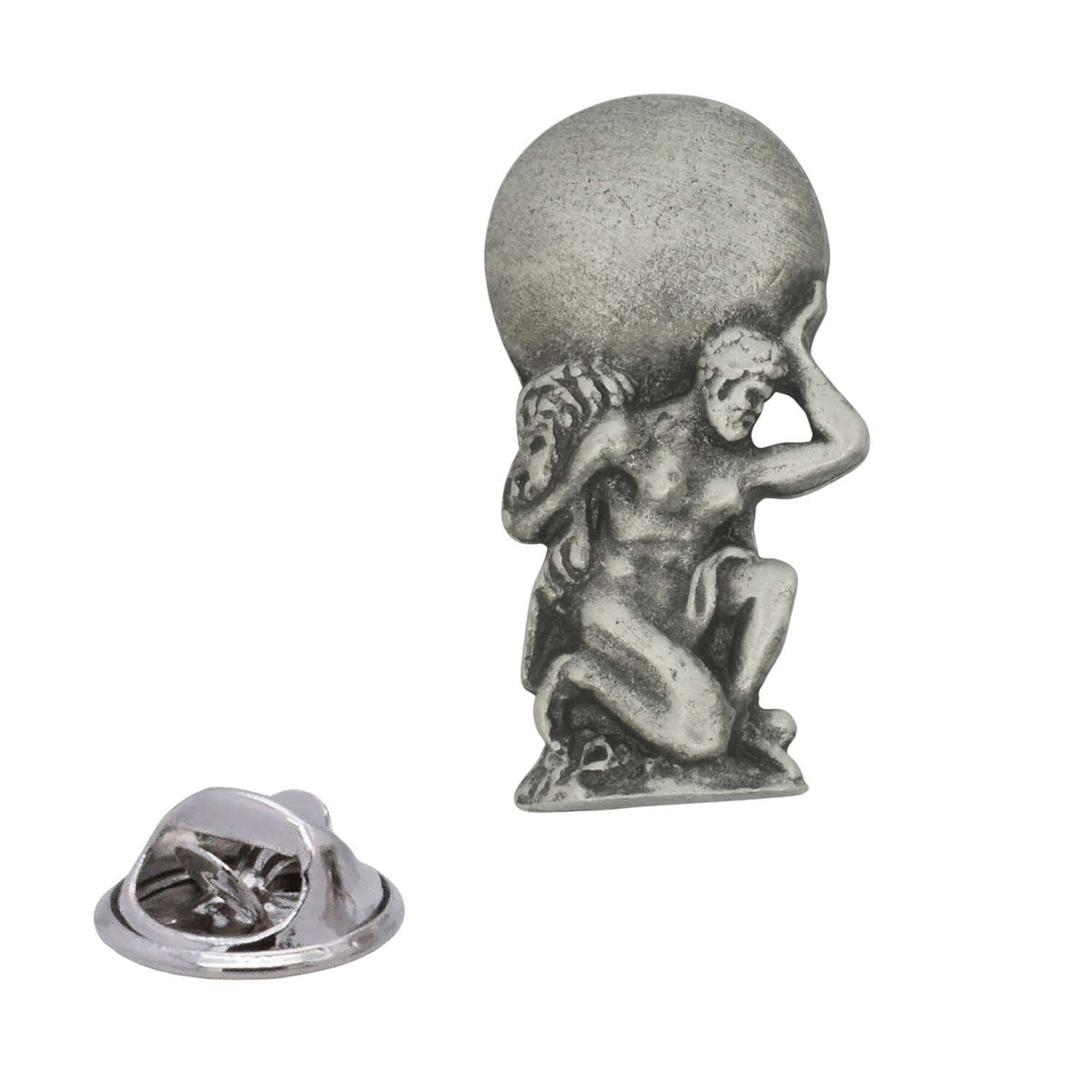 Atlas Greek mythology Titan bearing a sphere antique silver pewter lapel pin with butterfly fastening