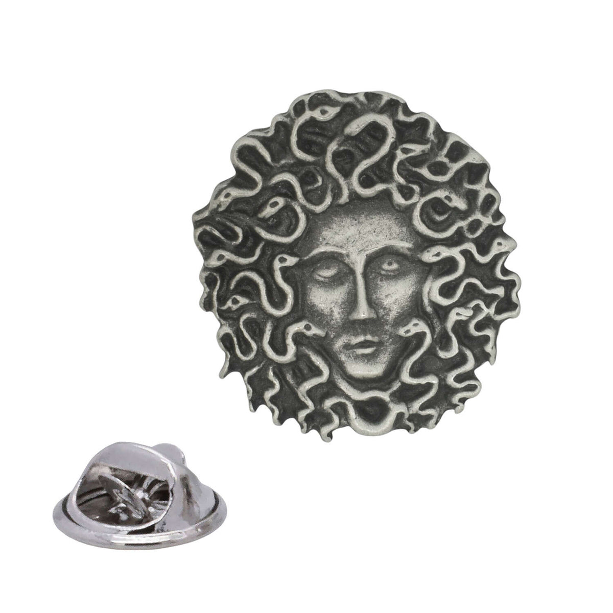 Medusa head with snakes antique silver pewter lapel pin badge with butterfly clasp
