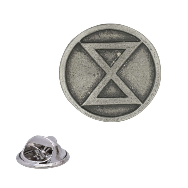 Extinction Rebellion circular hourglass emblem pewter lapel pin badge with butterfly clasp