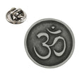 Round Om Aum symbol pewter lapel pin badge in antique silver finish with butterfly clasp