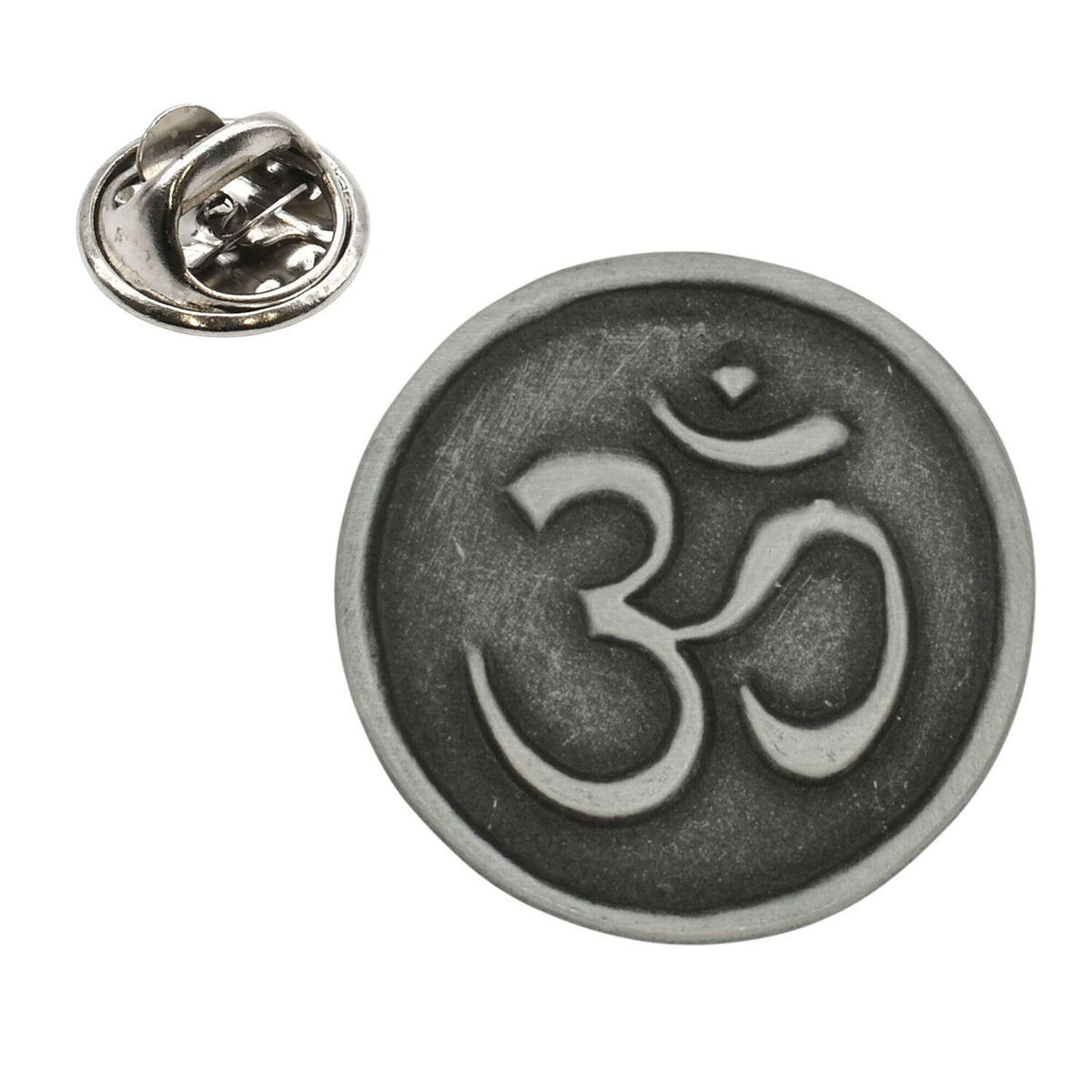 Round Om Aum symbol pewter lapel pin badge in antique silver finish with butterfly clasp