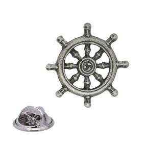 Eight-spoked Wheel of Dharma Buddhist symbol pewter lapel pin badge with butterfly clasp