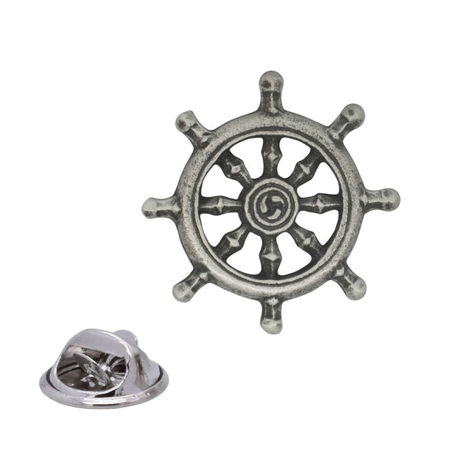 Eight-spoked Wheel of Dharma Buddhist symbol pewter lapel pin badge with butterfly clasp