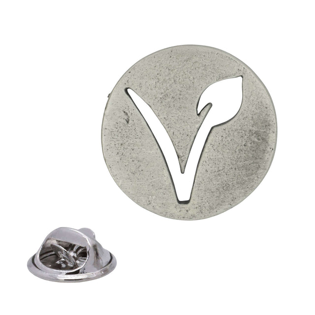 Circular vegan V and leaf cut-out pewter lapel pin badge with butterfly clasp