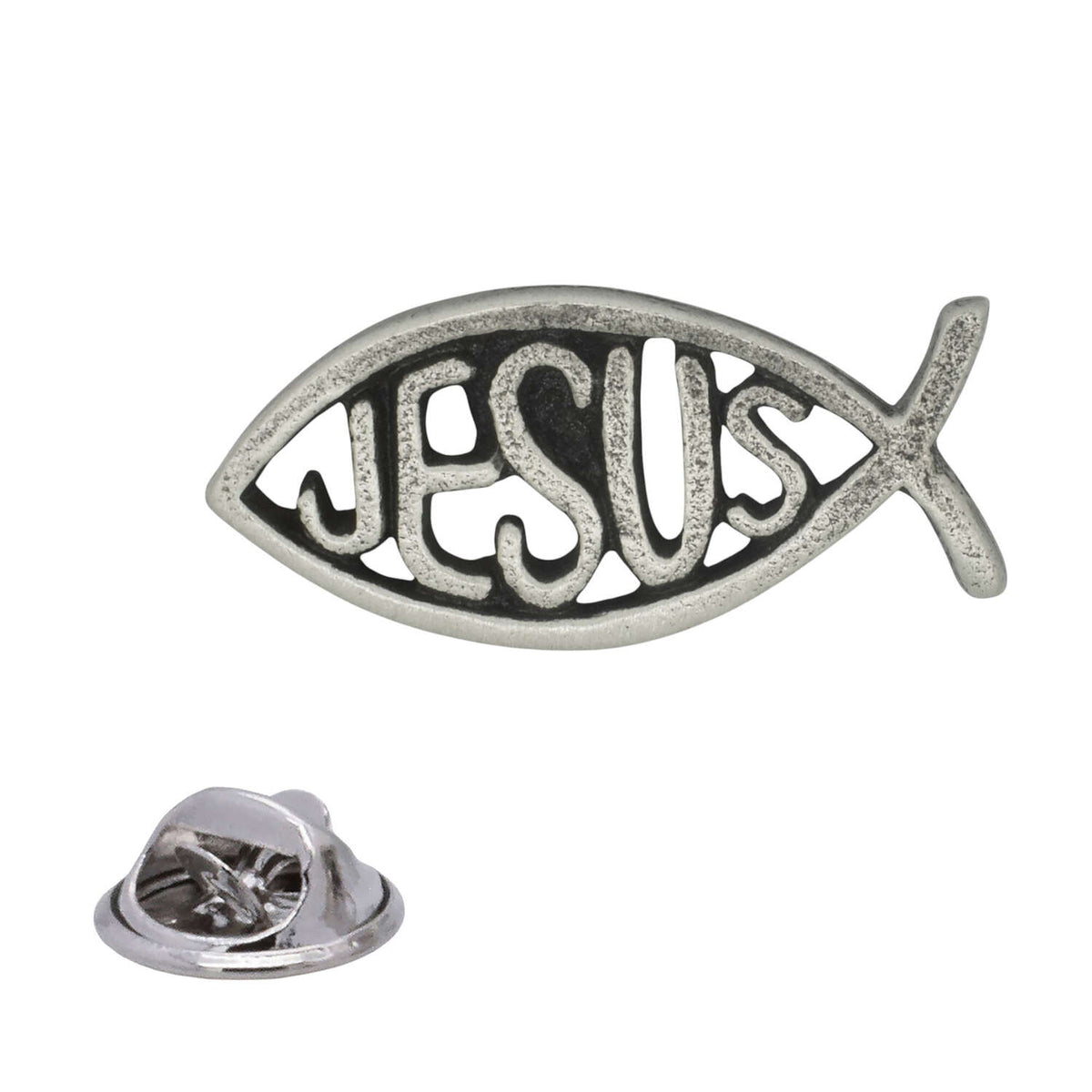 Ichthys Christian Jesus fish pewter lapel badge with raised JESUS text and butterfly clasp