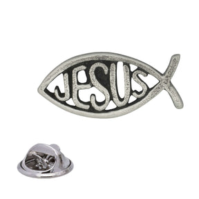 Ichthys Christian Jesus fish pewter lapel badge with raised JESUS text and butterfly clasp