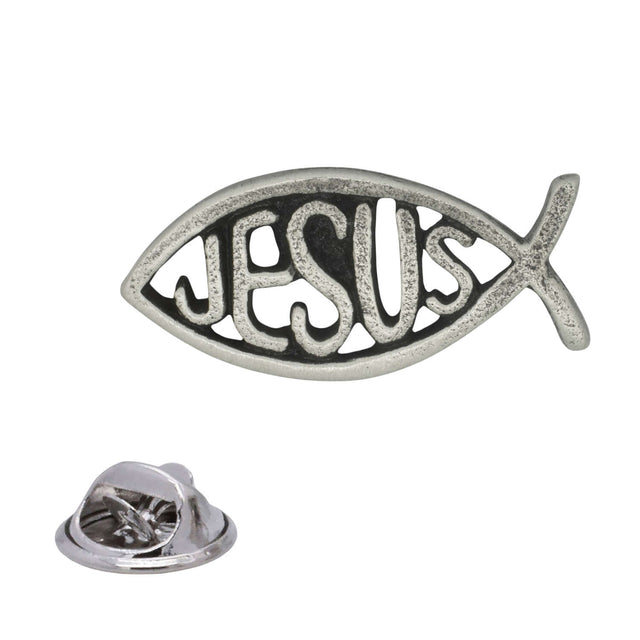 Ichthys Christian Jesus fish pewter lapel badge with raised JESUS text and butterfly clasp