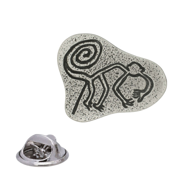 Nazca Monkey geoglyph spiral tail antique silver pewter lapel pin badge with butterfly clasp