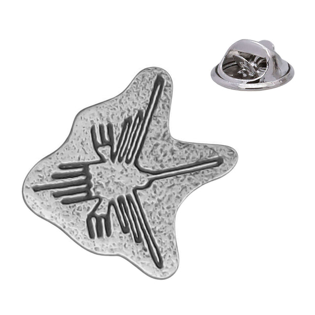 Nazca Hummingbird Peruvian geoglyph antique silver pewter lapel pin badge with butterfly clasp