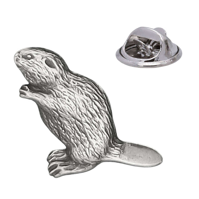 Beaver animal antique silver pewter lapel pin with textured fur and flat tail, butterfly clasp