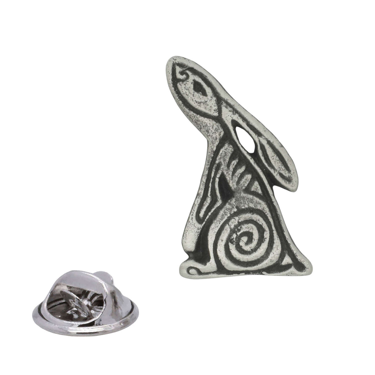 Spiral hare Celtic style animal pewter lapel pin with textured silver finish and butterfly clasp