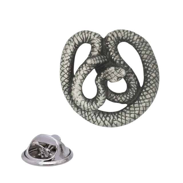 Coiled rattlesnake animal pewter lapel pin badge with antique silver finish and butterfly clasp