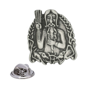 Freyr Norse god Viking-themed antique silver pewter lapel pin with knotwork and butterfly clasp